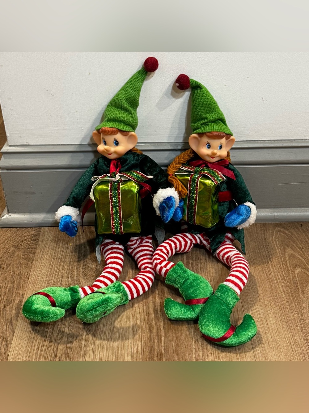 Holiday Elf Plush Toy Pair in Green with Gifts